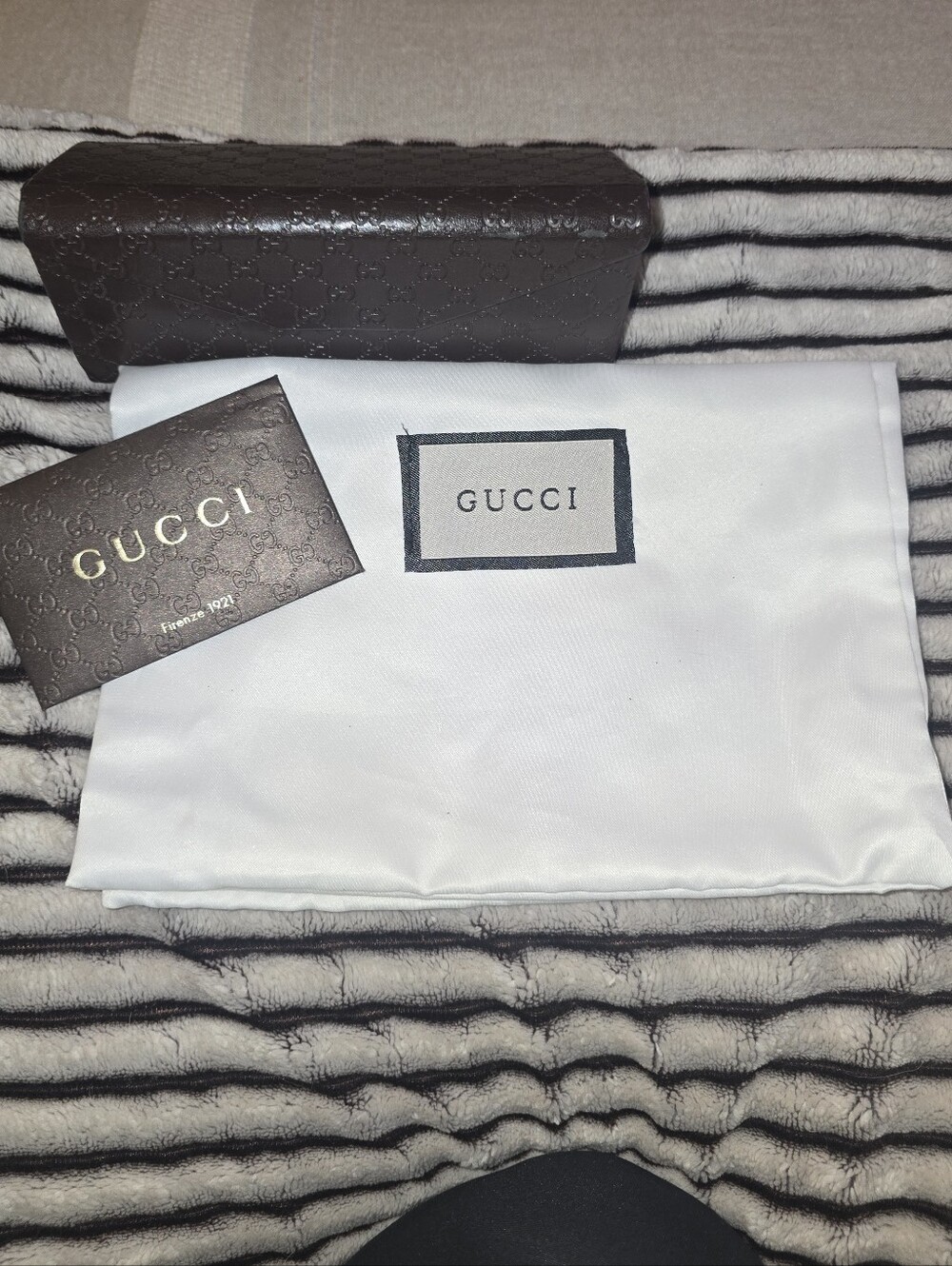Gucci Bundle 4 Items - Brown Sunglass Case, Card, Chamois & Dust Bag